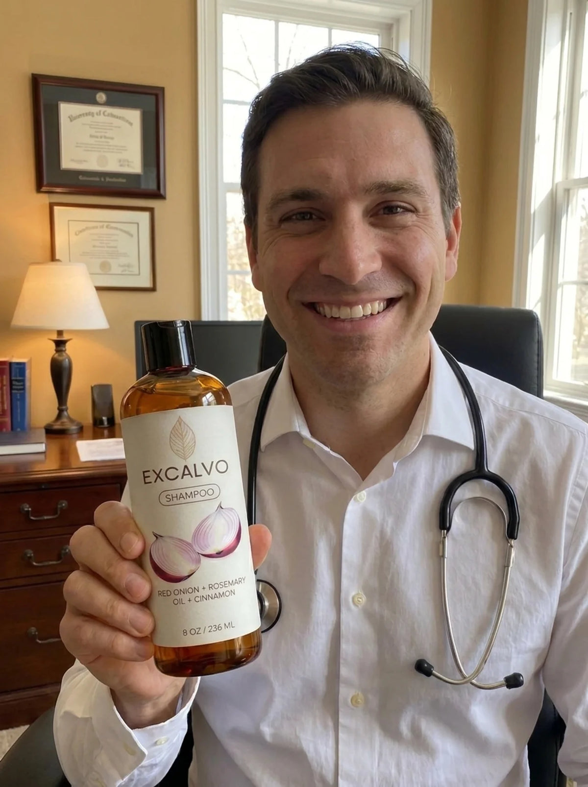 Doctor sosteniendo Excalvo Shampoo